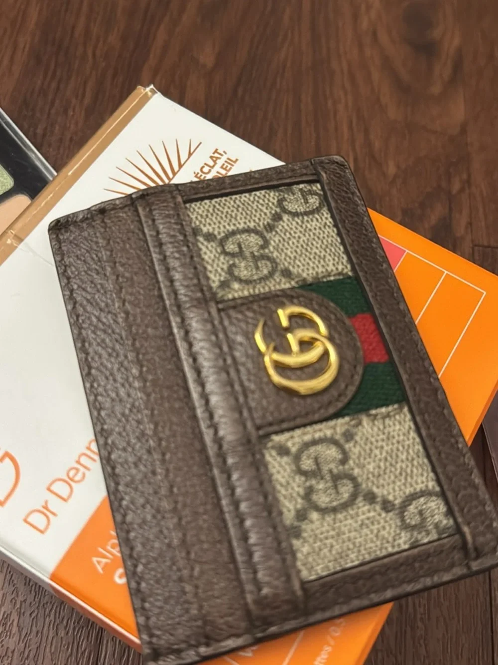 Gucci Brown GG Supreme Card Holder with Green-Red Web & Gold GG